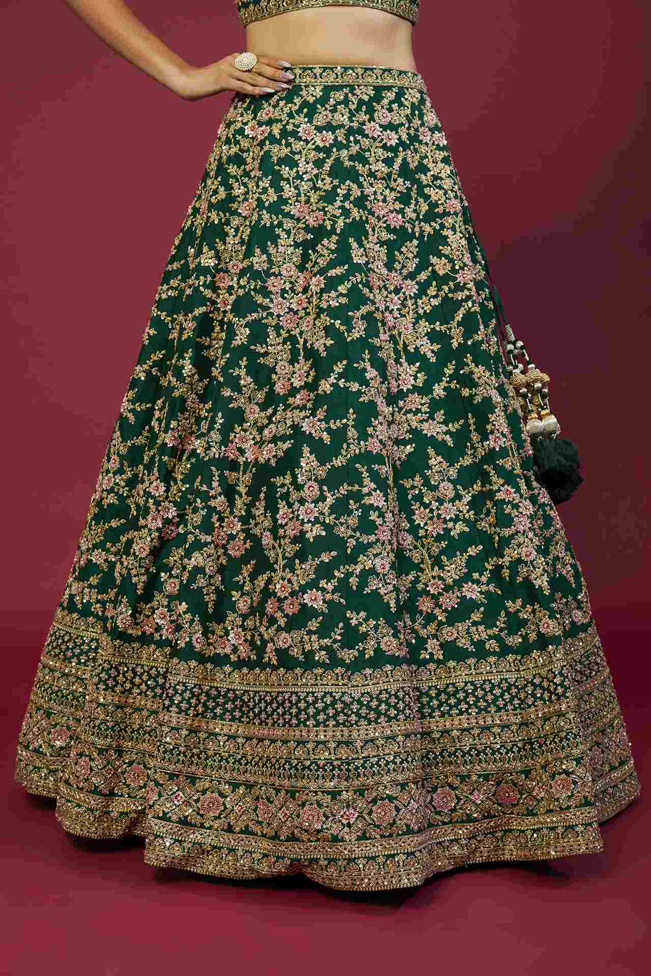 Emerald Green Raw Silk Zardosi Embellished Lehenga Set