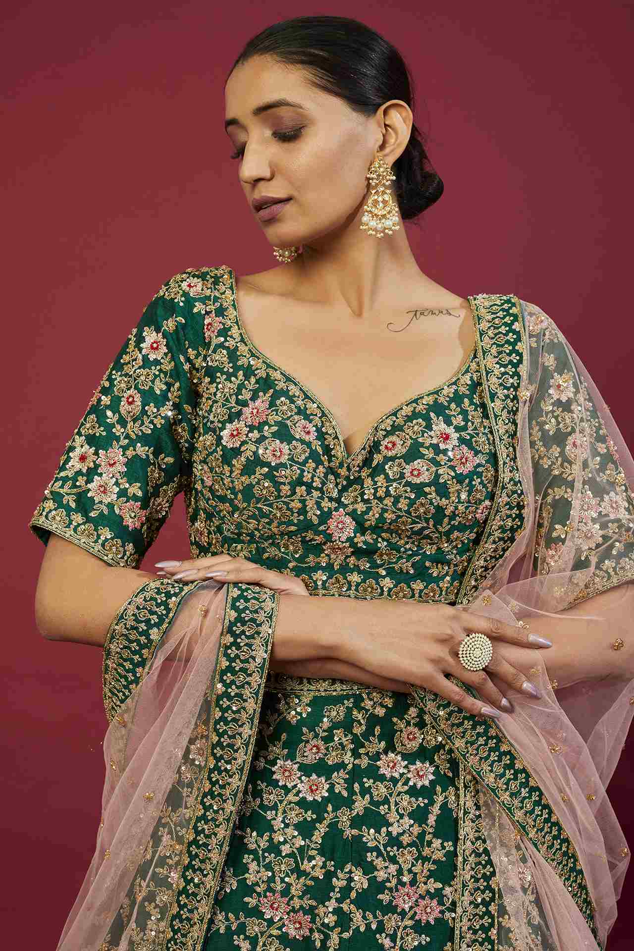 Emerald Green Raw Silk Zardosi Embellished Lehenga Set