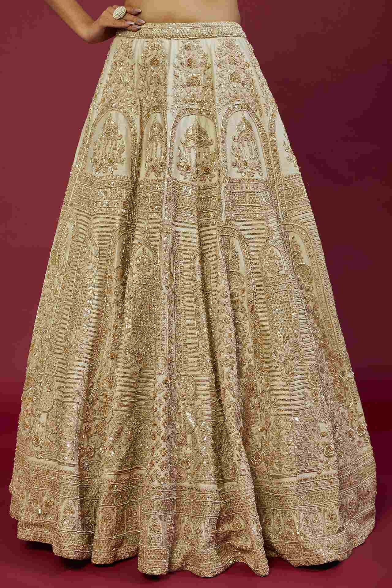 Cream Raw Silk Zardosi Embroidered Lehenga Set