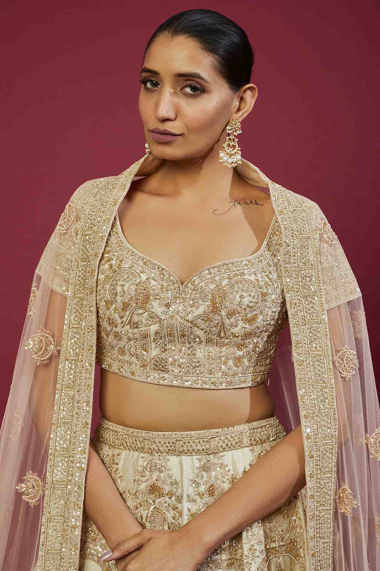 Cream Raw Silk Zardosi Embroidered Lehenga Set