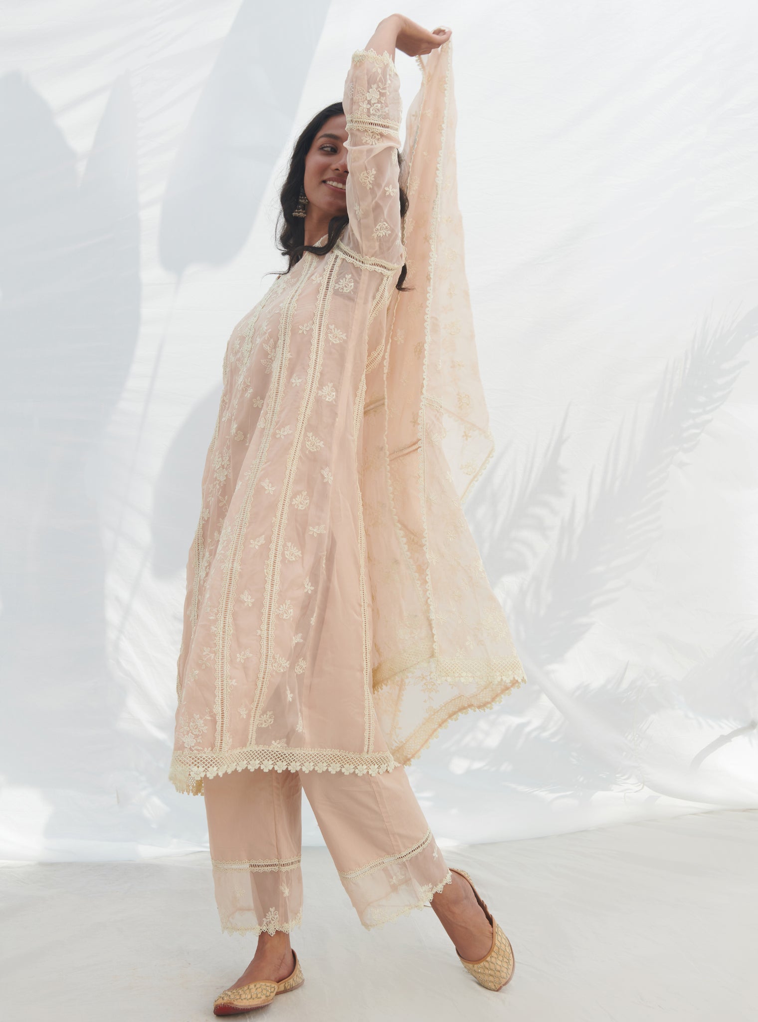 Mulmul Organza Keri Beige Kurta With Mulmul Cotton Keri Beige Pant