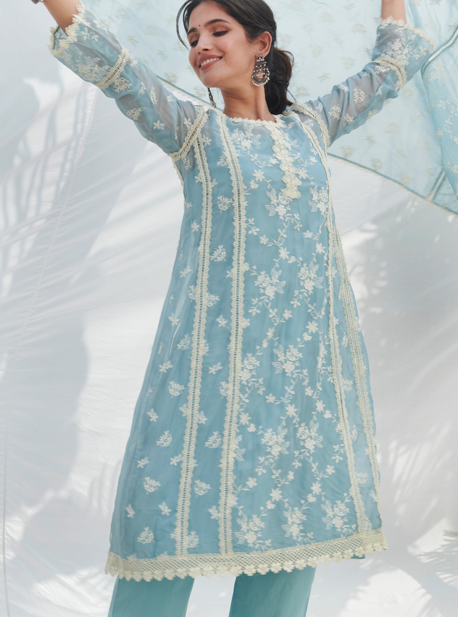 Mulmul Organza Keri Blue Kurta With Mulmul Cotton Keri Blue Pant