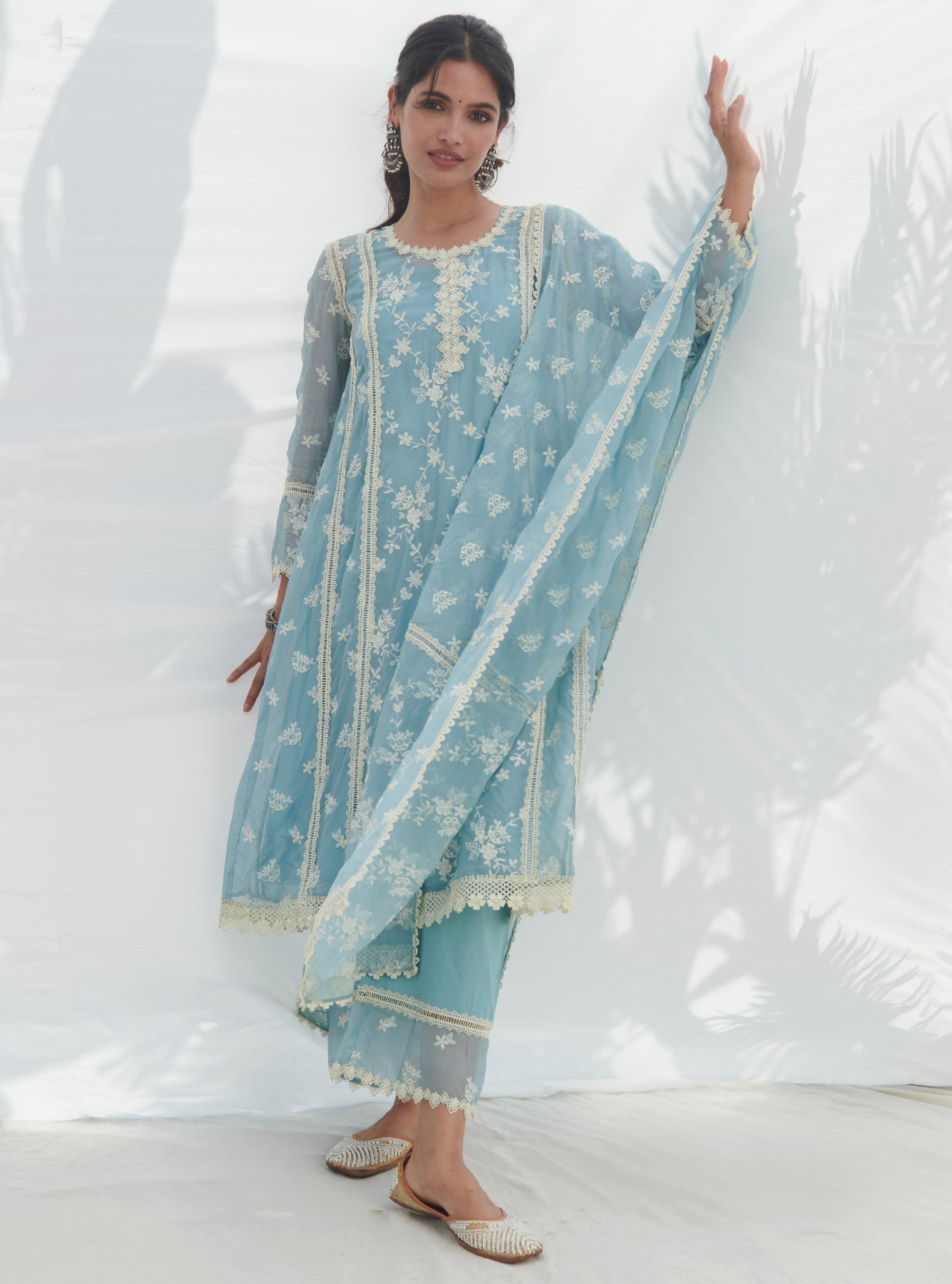 Mulmul Organza Keri Blue Kurta With Mulmul Cotton Keri Blue Pant