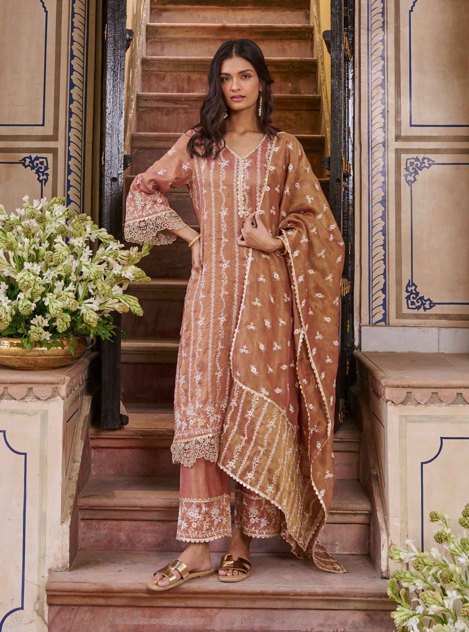 Mulmul Luxe Tissue Satin Chaleya Old Rose Kurta With Mulmul Tissue Satin Chaleya Old Rose Pant