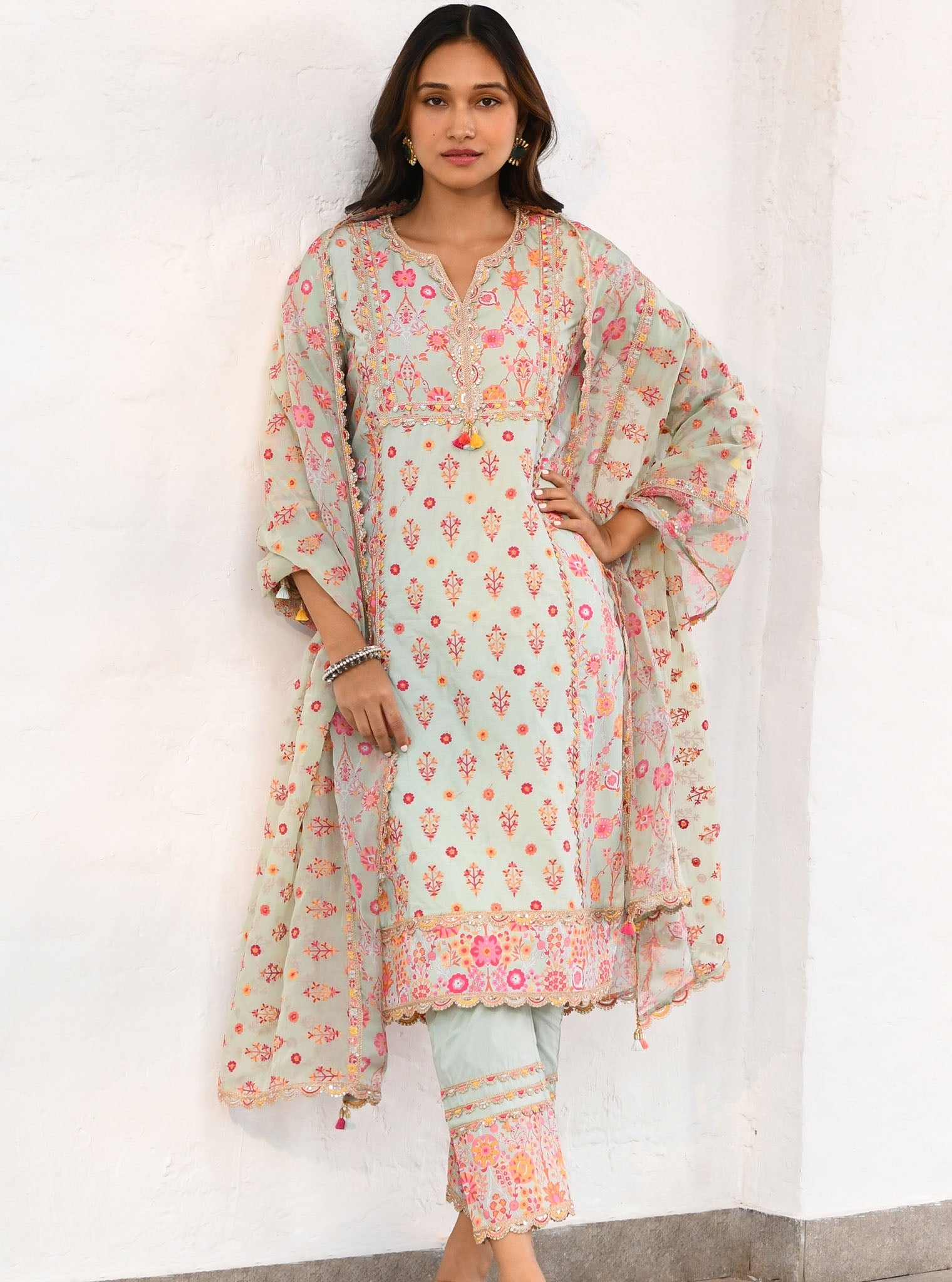 Mulmul Cotton Lexi Green Kurta With Lexi Green Pant