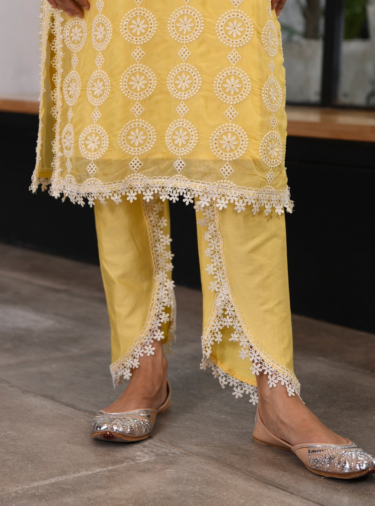 Mulmul Organza Nelli Yellow Kurta With Mulmul Cotton Nelli Yellow Pant