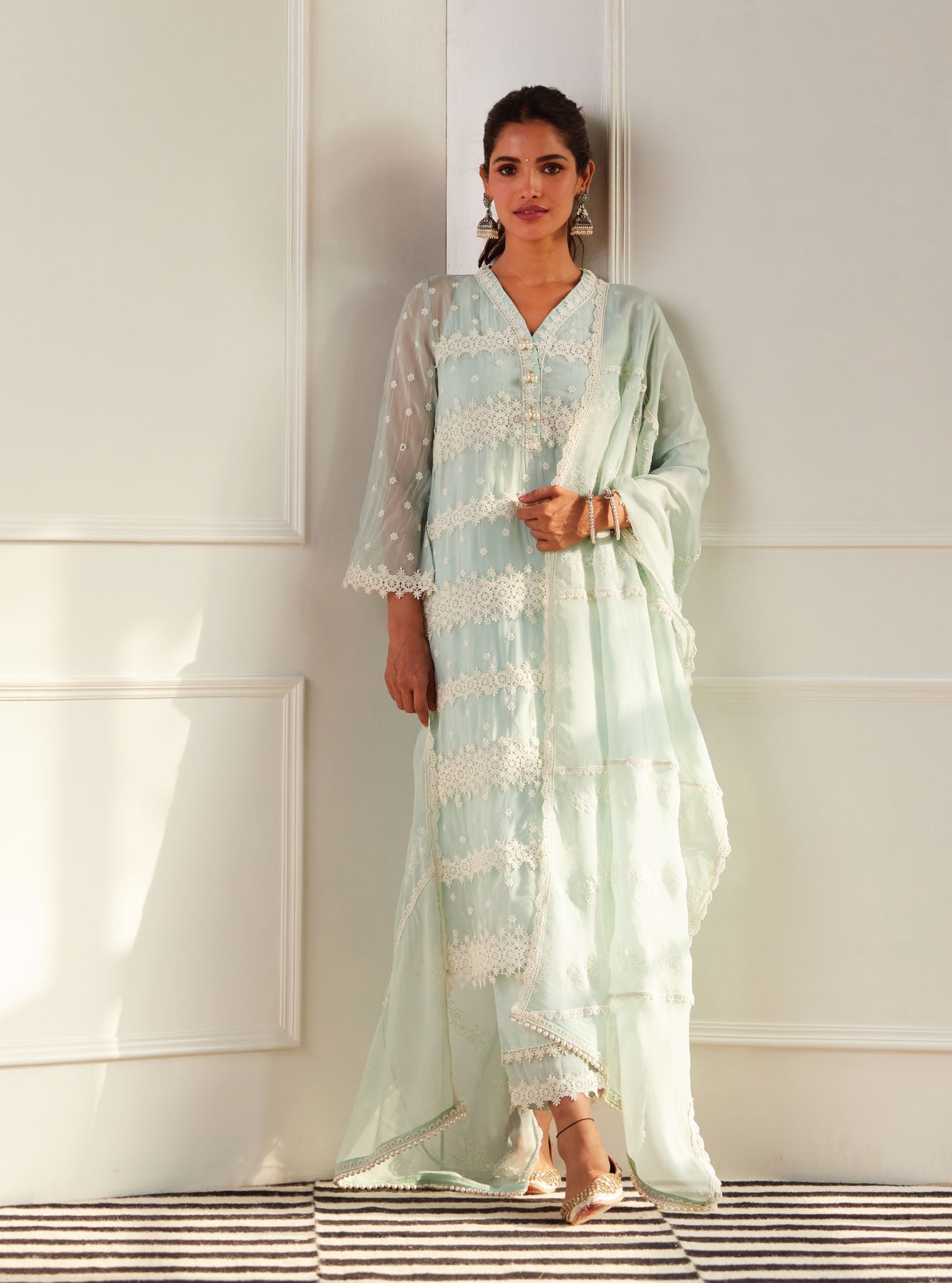 Mulmul Organza Nessa Light Blue Kurta With Mulmul Cotton Nessa Light Blue Pant