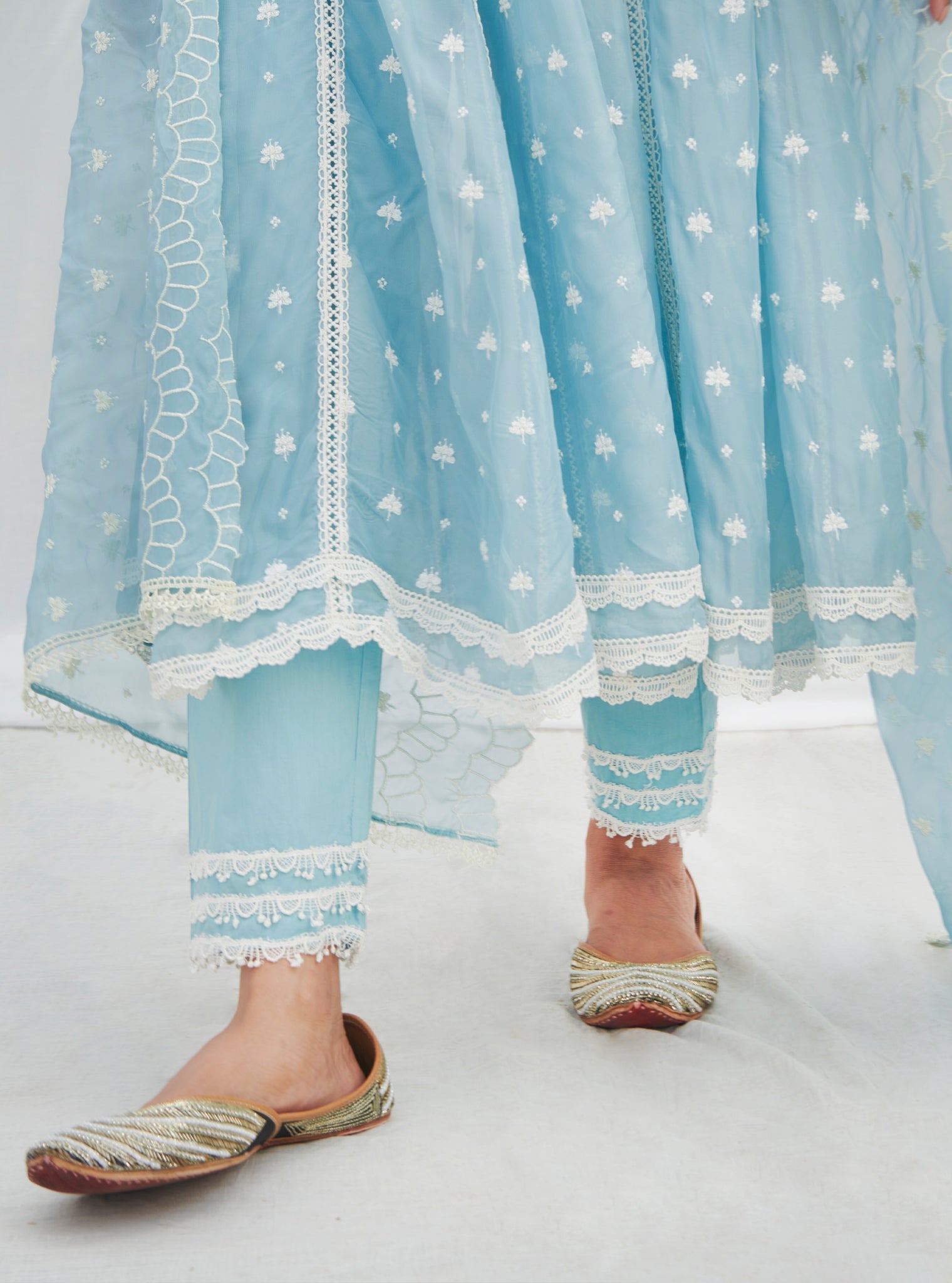 Mulmul Organza Anarkali Raia Blue Kurta With Mulmul Cotton Raia Blue Pant