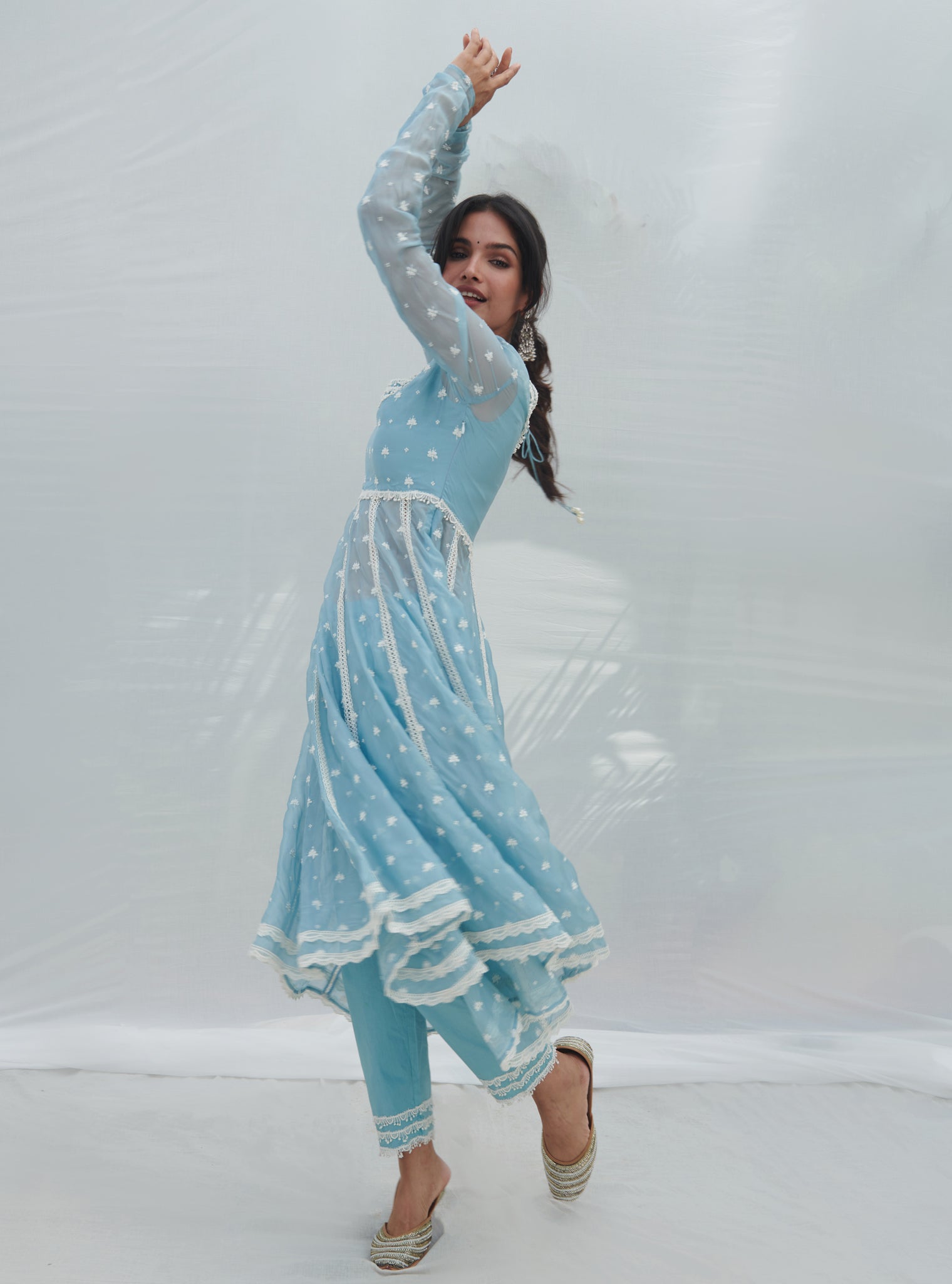 Mulmul Organza Anarkali Raia Blue Kurta With Mulmul Cotton Raia Blue Pant