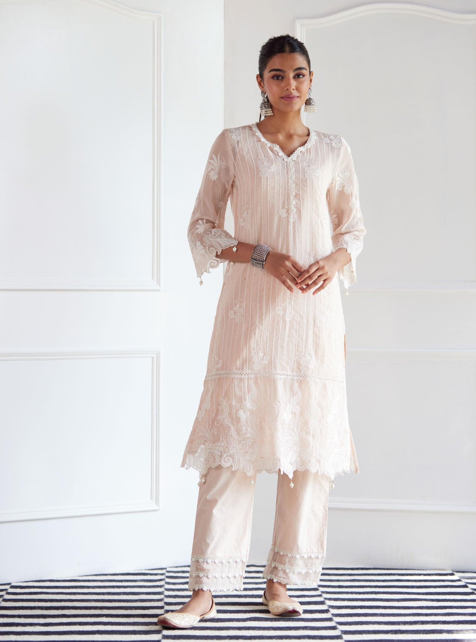 Mulmul Organza Reece Beige Kurta With Mulmul Cotton Reece Beige Pant