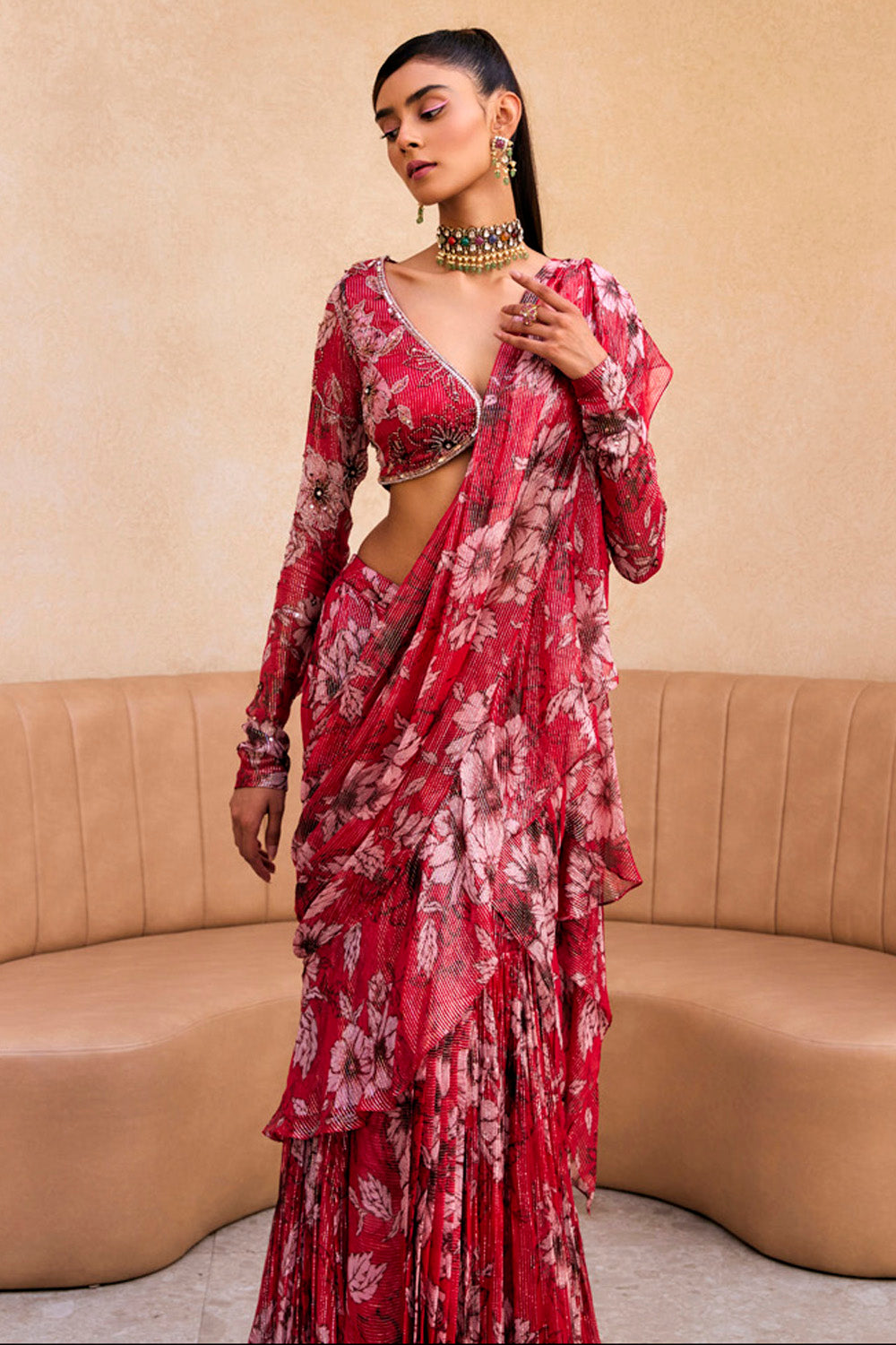 Red Floral Print Ruffle Saree