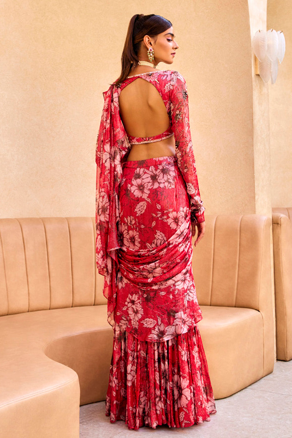 Red Floral Print Ruffle Saree