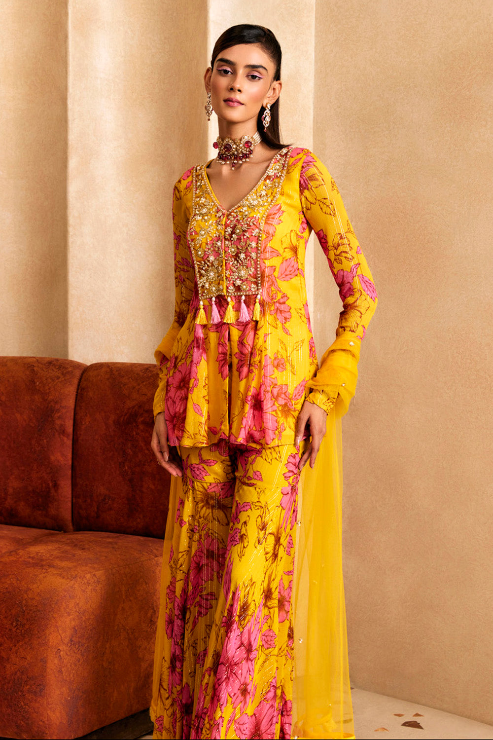 Yellow Floral Print Anarkali Kurta Set