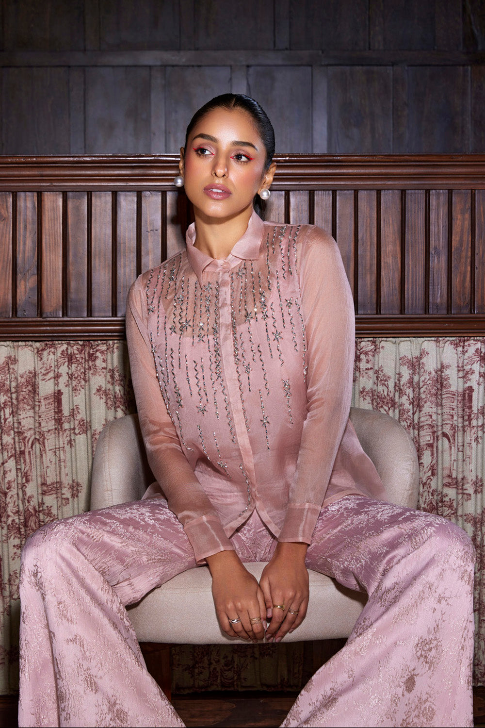 Pink Organza Shirt With Jacquard Pants