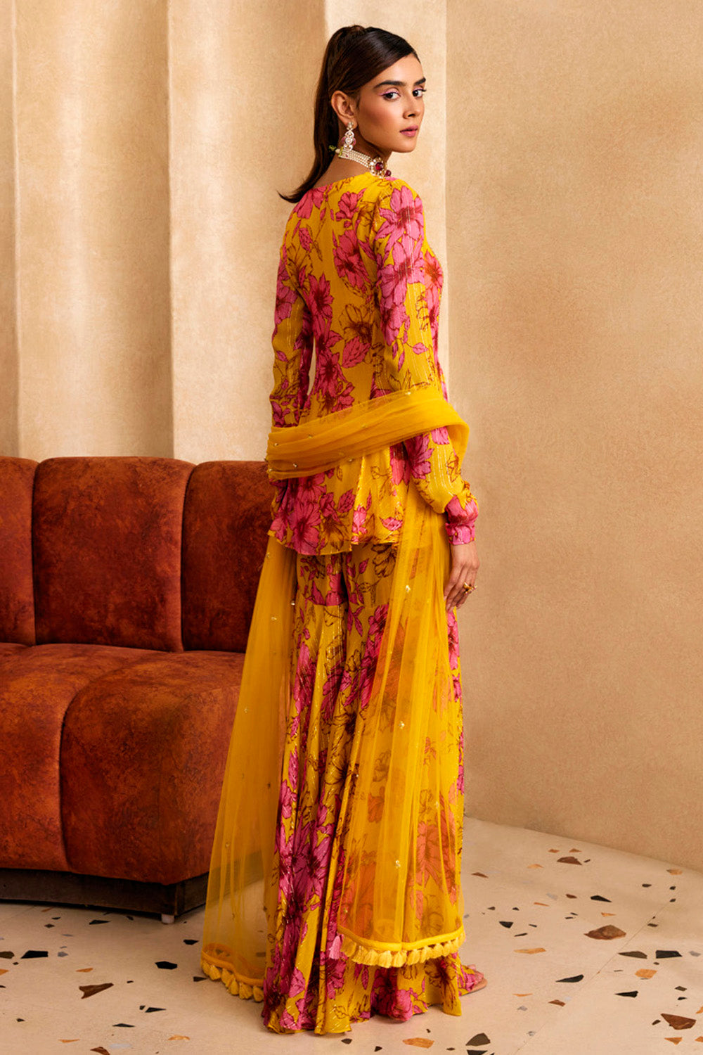 Yellow Floral Print Anarkali Kurta Set