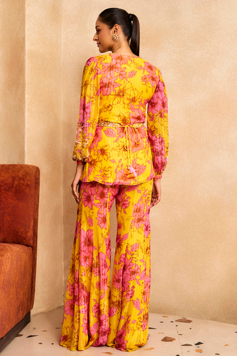 Yellow Floral Print Short Kurta Set