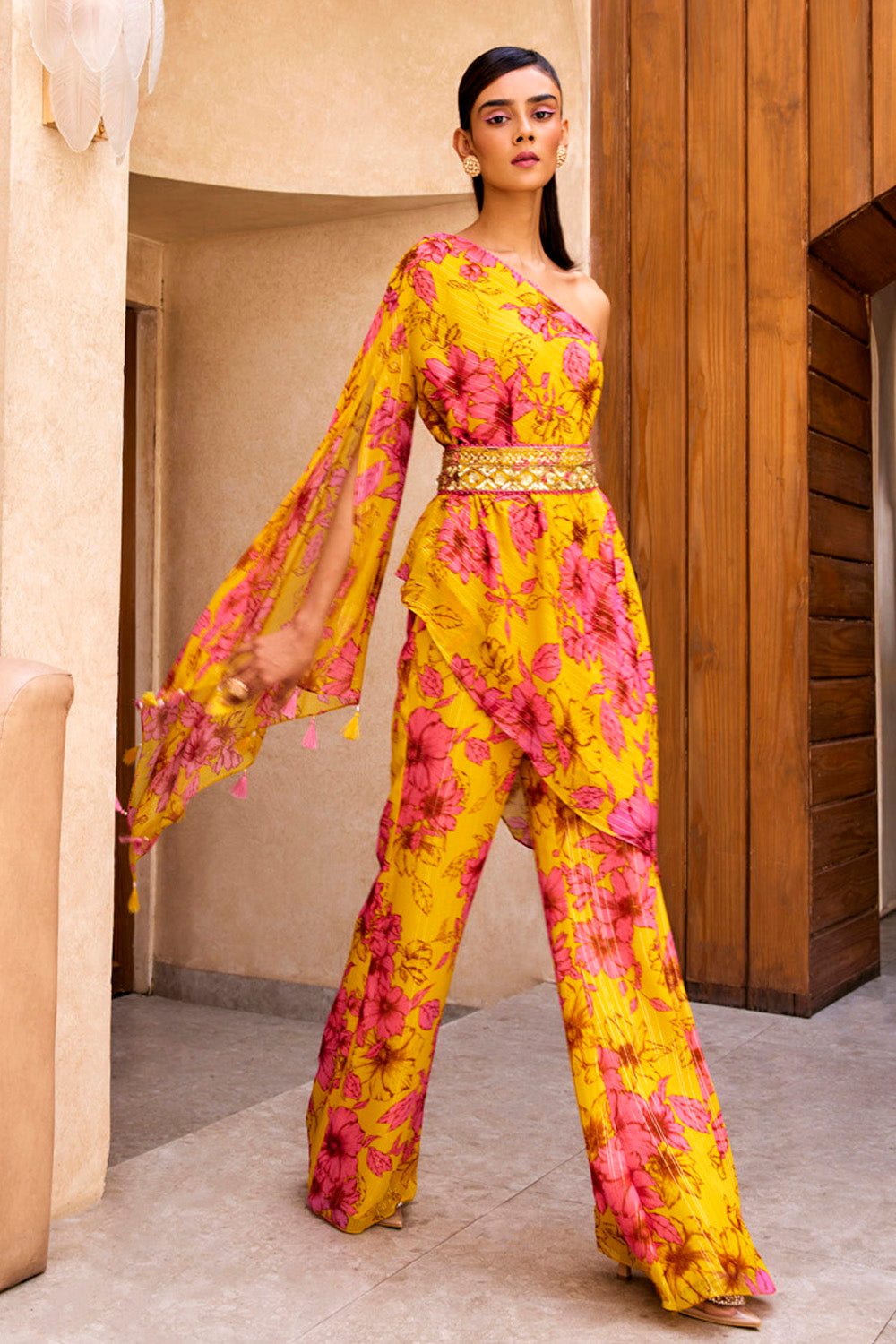 Yellow Floral Print One Shoulder Kurta And Pants Set