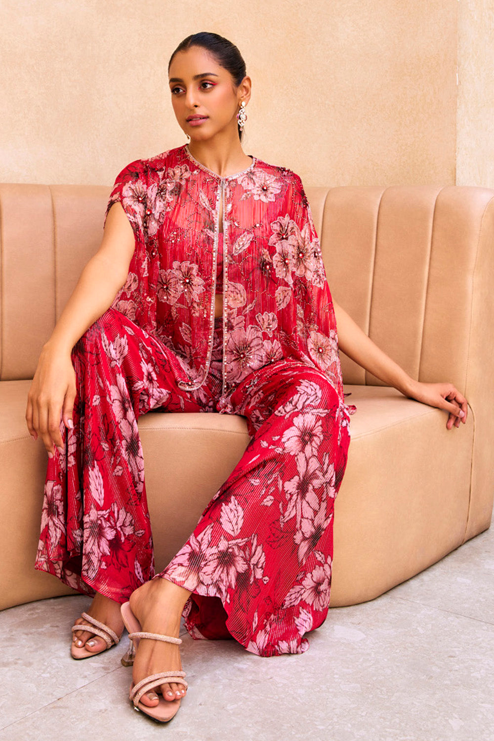 Red Floral Print Cape And Pant Set