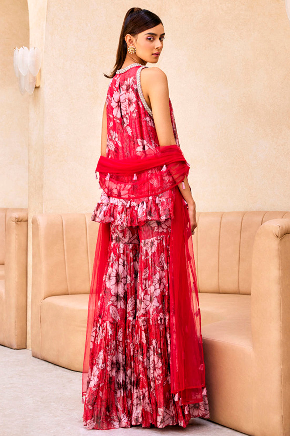 Red Printed Ruffle Tunic And Sharara Set