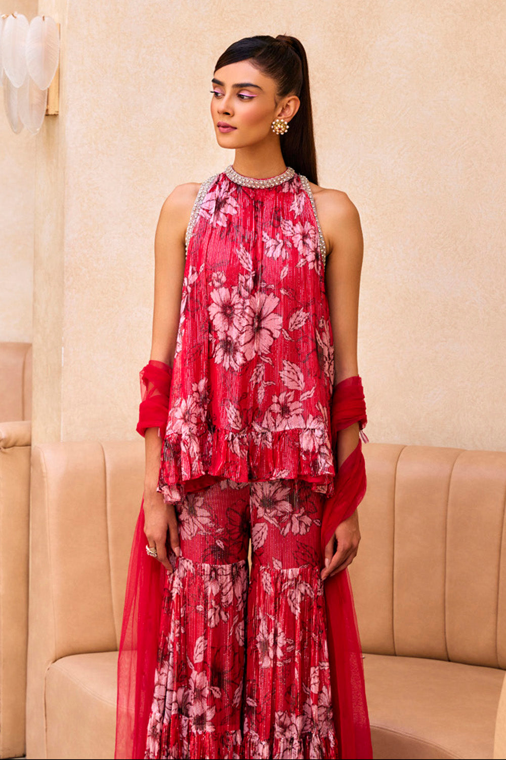 Red Printed Ruffle Tunic And Sharara Set