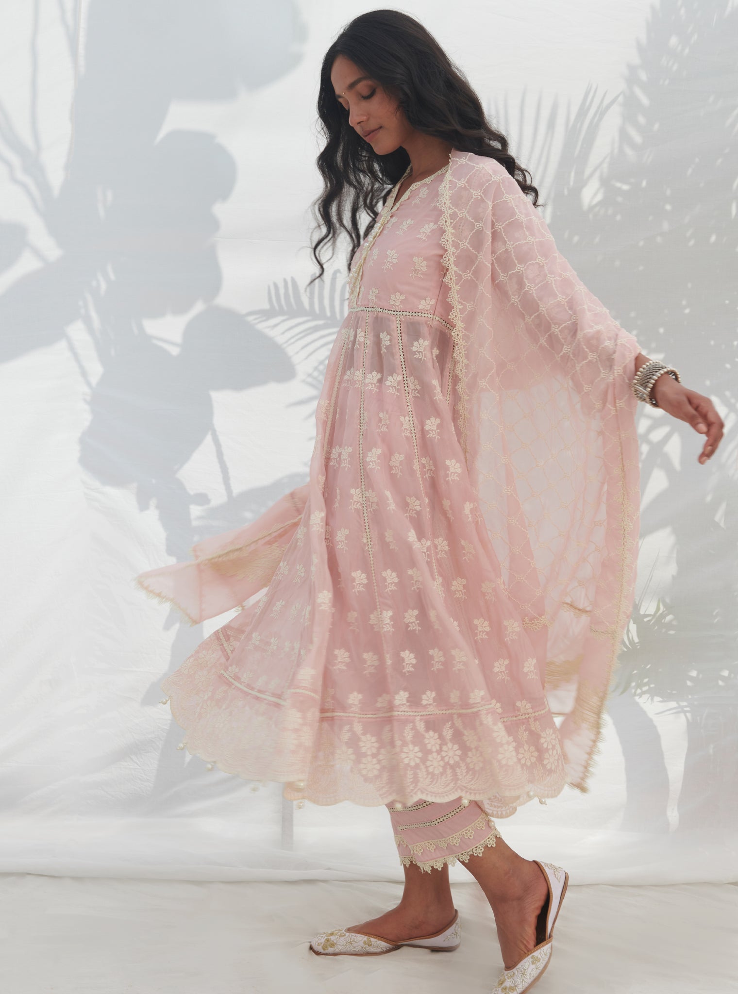 Mulmul Organza Anarkali Surla Pink Kurta With Mulmul Cotton Surla Pink Pant