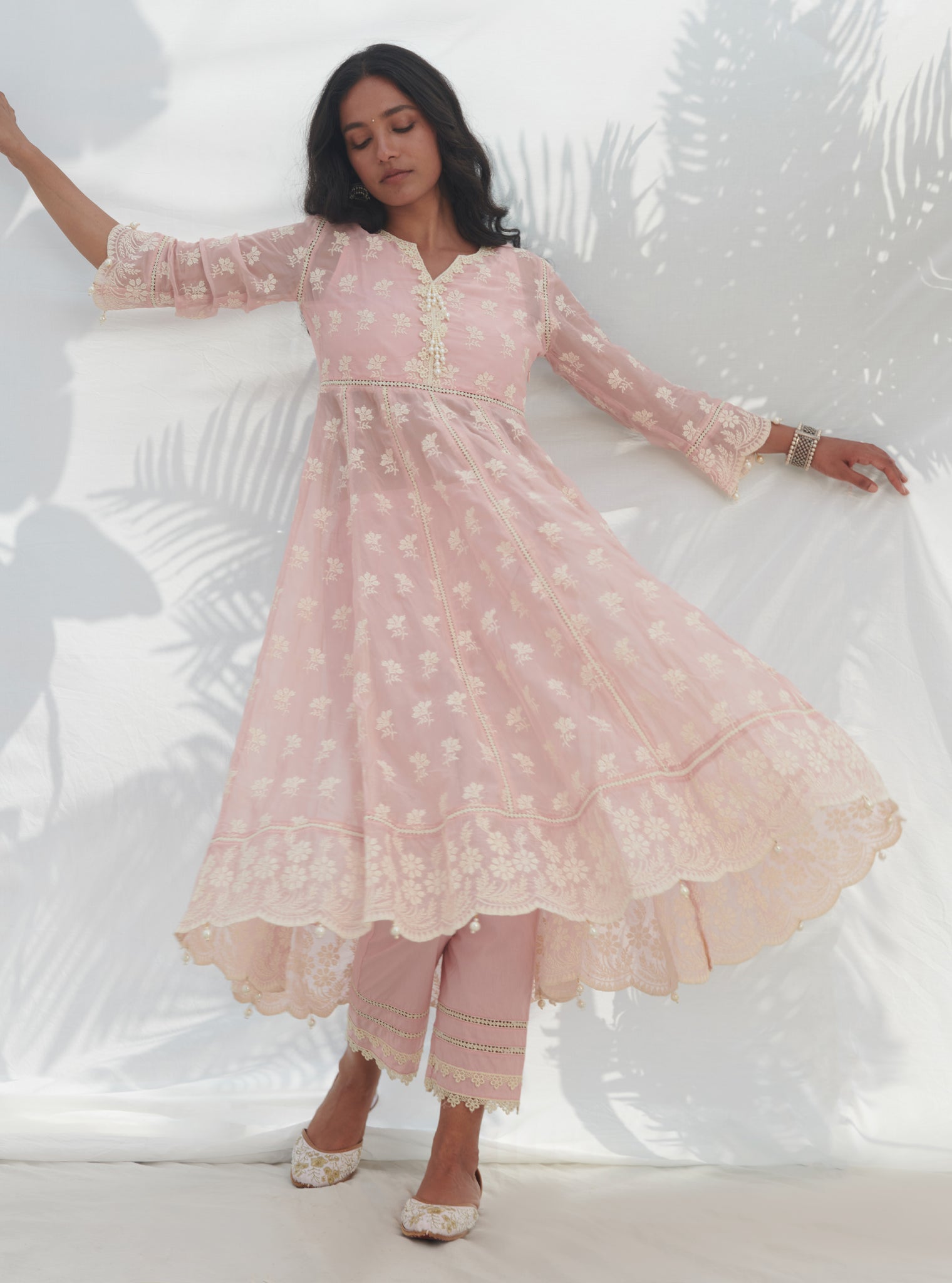 Mulmul Organza Anarkali Surla Pink Kurta With Mulmul Cotton Surla Pink Pant