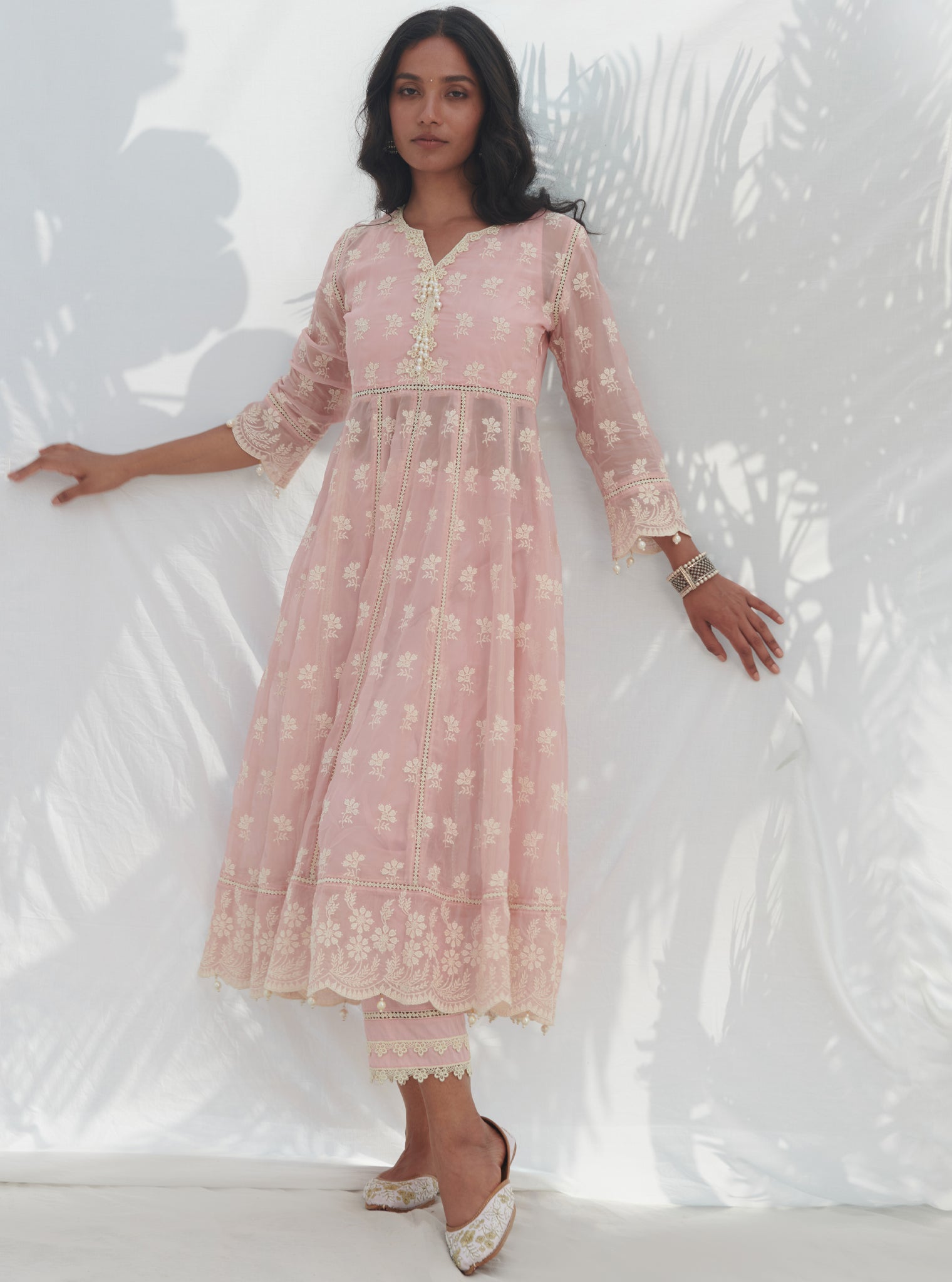 Mulmul Organza Anarkali Surla Pink Kurta With Mulmul Cotton Surla Pink Pant