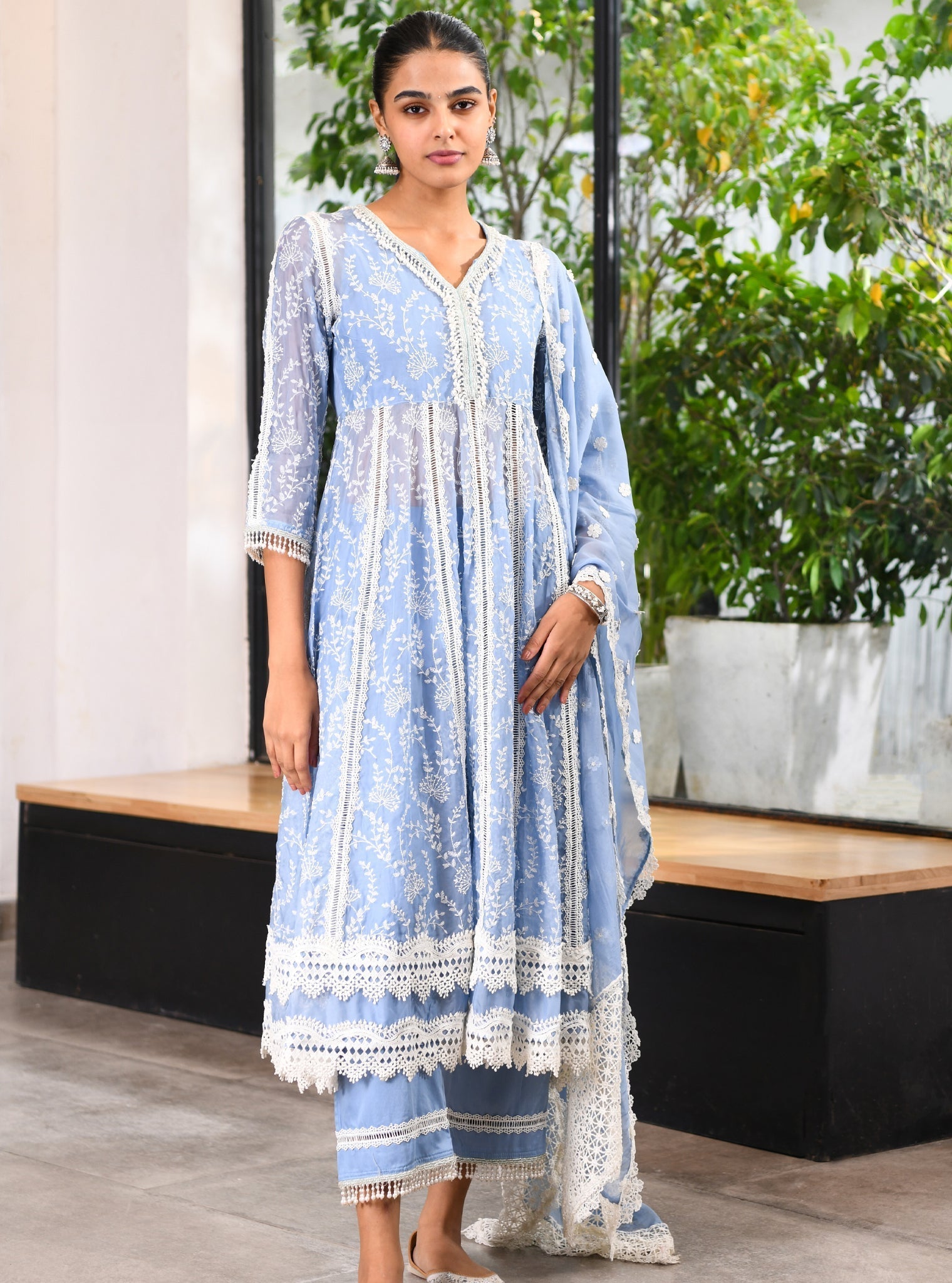 Mulmul Organza Twyla Blue Kurta With Mulmul Cotton Twyla Blue Pant