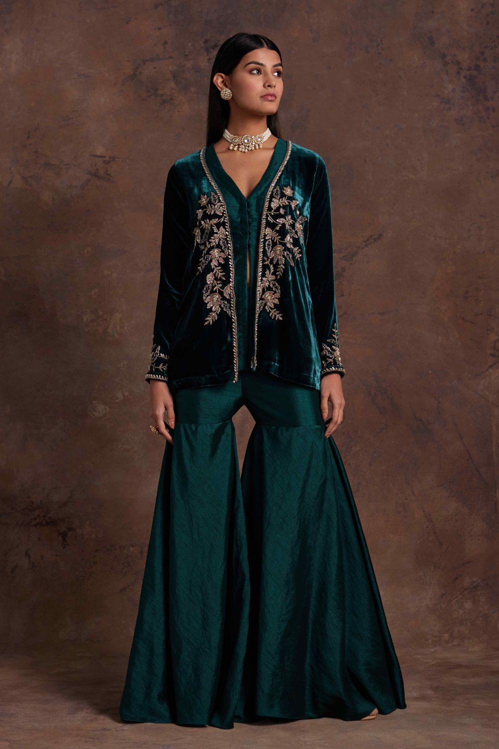 Green Velvet Jacket With Silk Peplum And Sharara Set