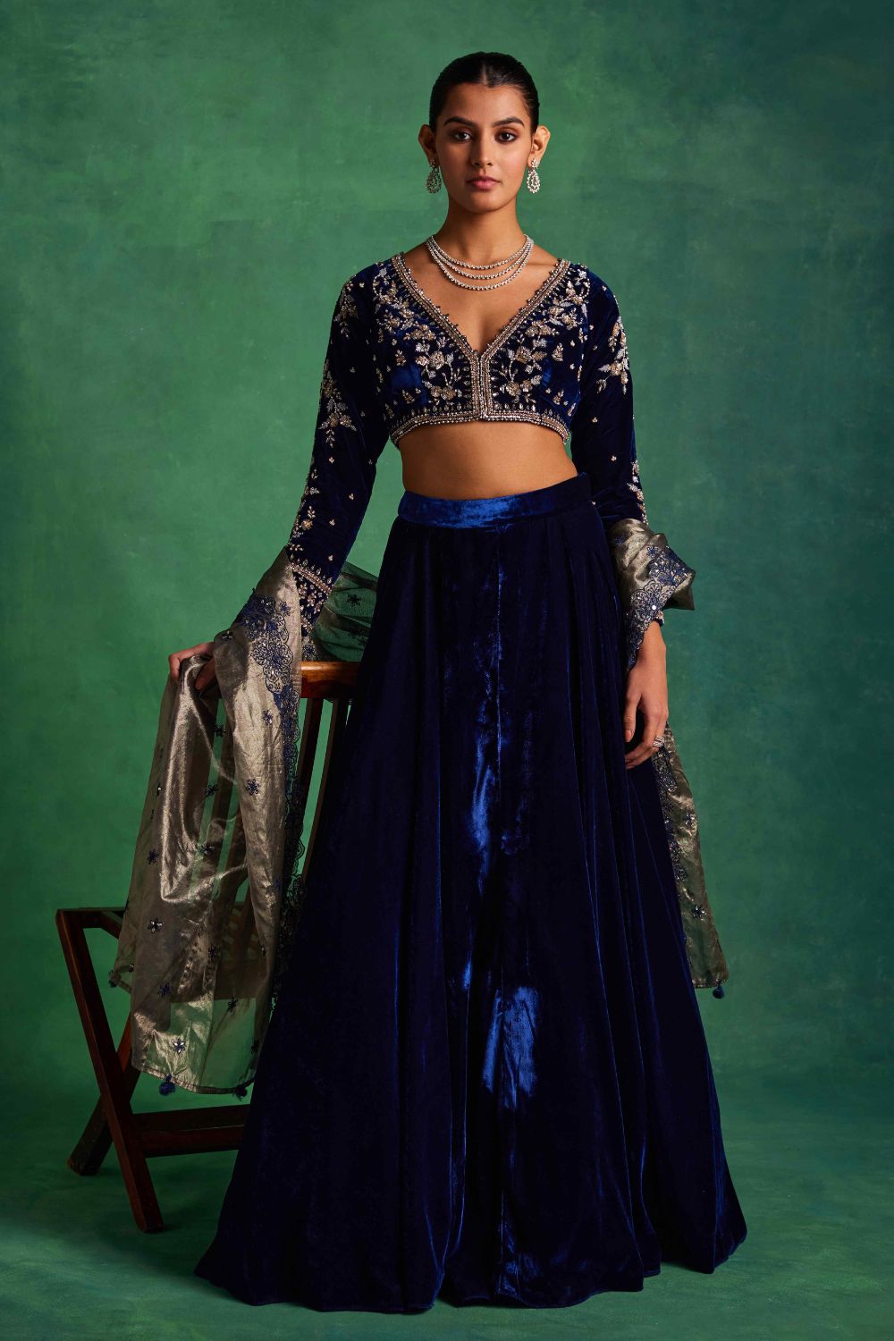 Blue Velvet Lehenga And Blouse Set