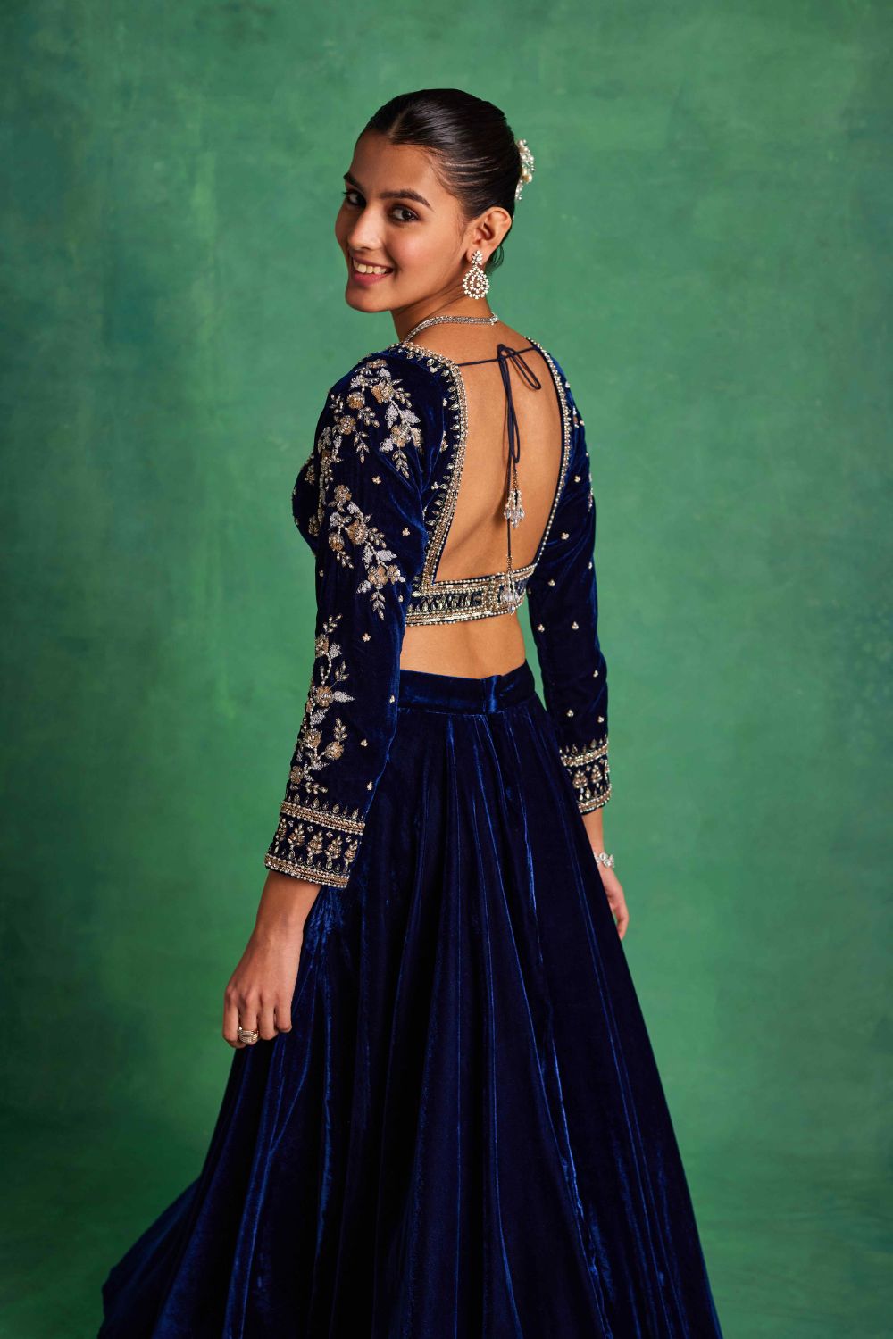 Blue Velvet Lehenga And Blouse Set