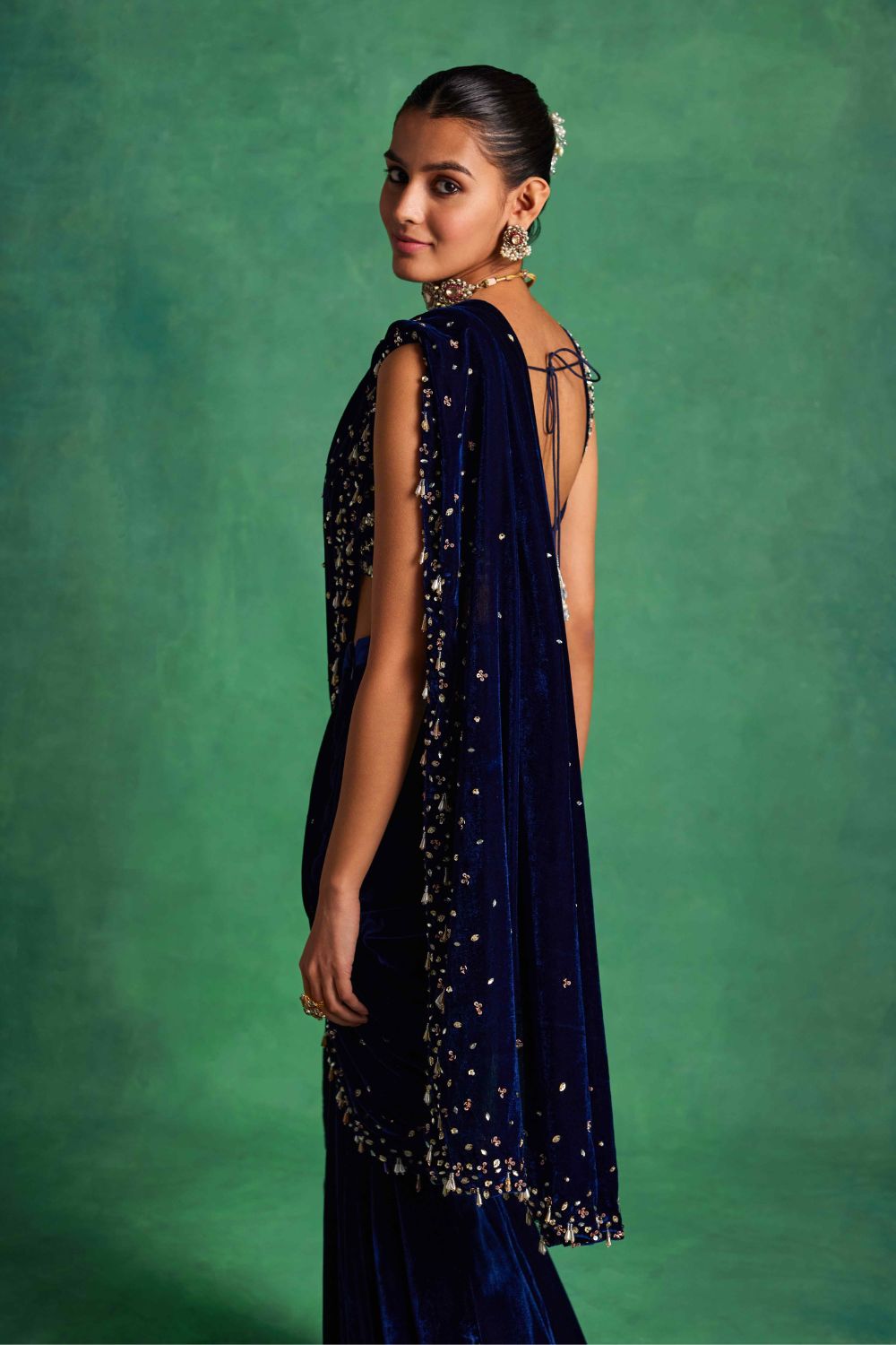 Blue Velvet Slit Saree