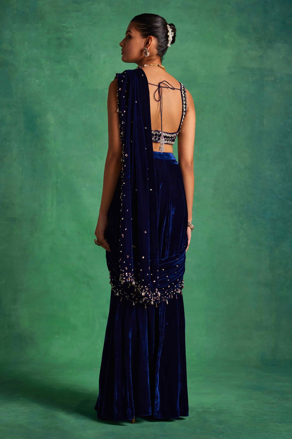 Blue Velvet Slit Saree