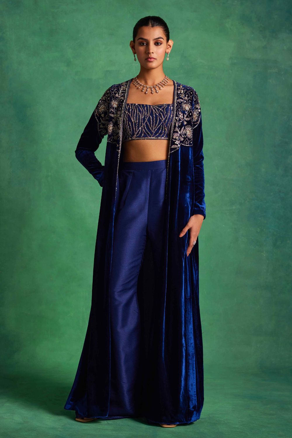 Blue Velvet Long Jacket With Bustier And Pants Set