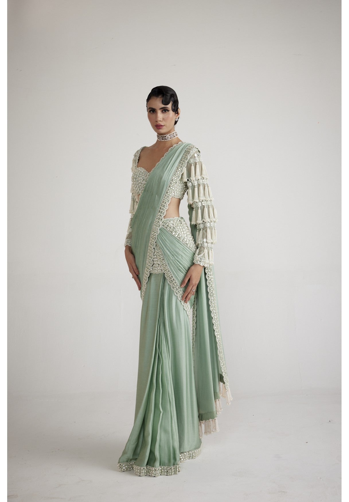 Powder Mint Green Chandelier Drop Saree Set