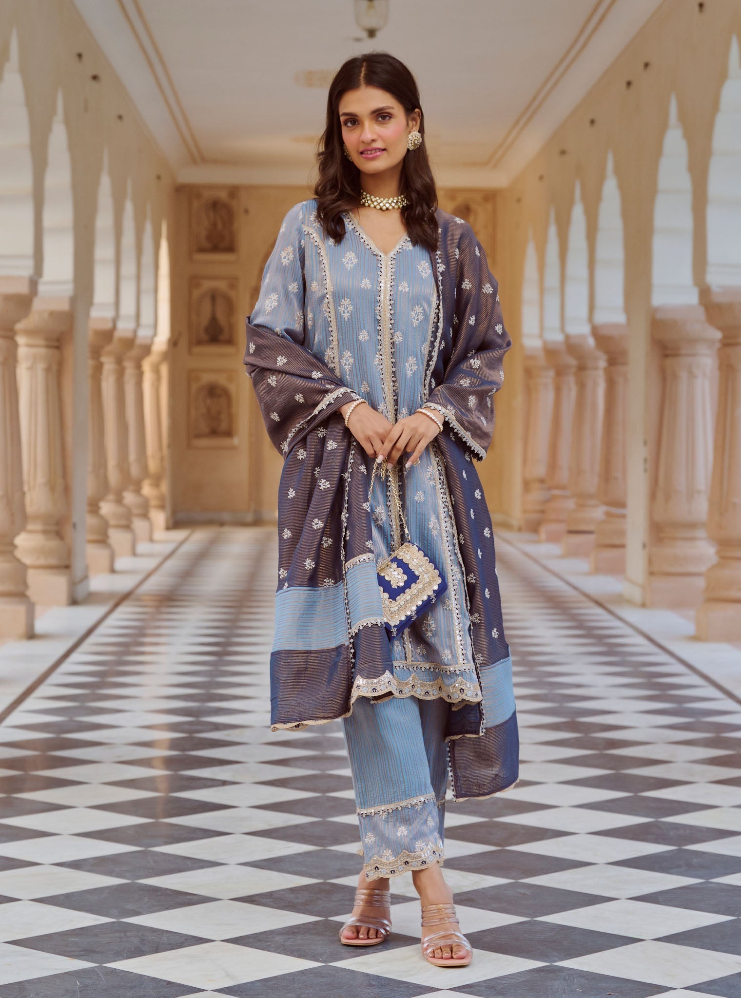 Mulmul Banarsi Gerua Blue Kurta With Mulmul Banarsi Gerua Blue Pant
