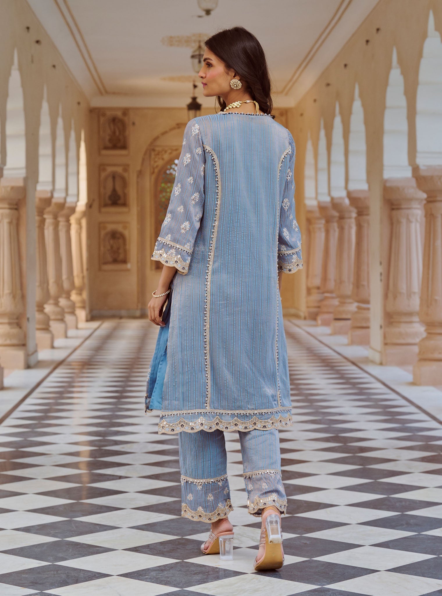 Mulmul Banarsi Gerua Blue Kurta With Mulmul Banarsi Gerua Blue Pant