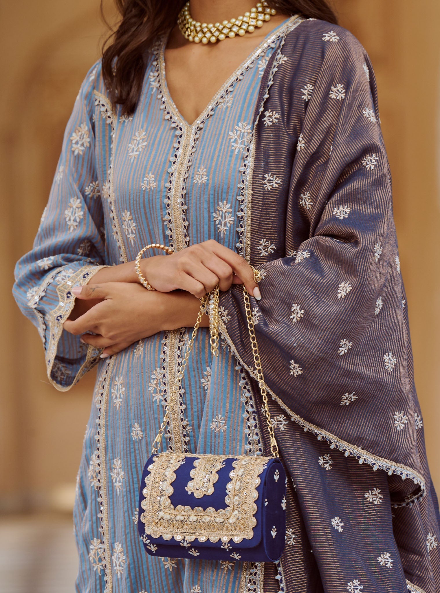 Mulmul Banarsi Gerua Blue Kurta With Mulmul Banarsi Gerua Blue Pant