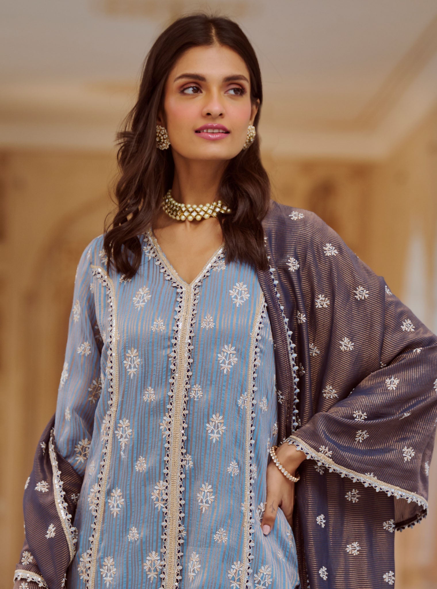 Mulmul Banarsi Gerua Blue Kurta With Mulmul Banarsi Gerua Blue Pant