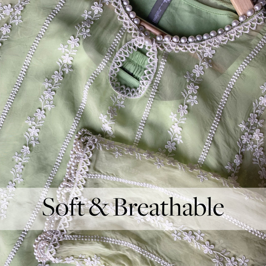 Mulmul Organza Zella Green Kurta With Cotton Zella Green Pant