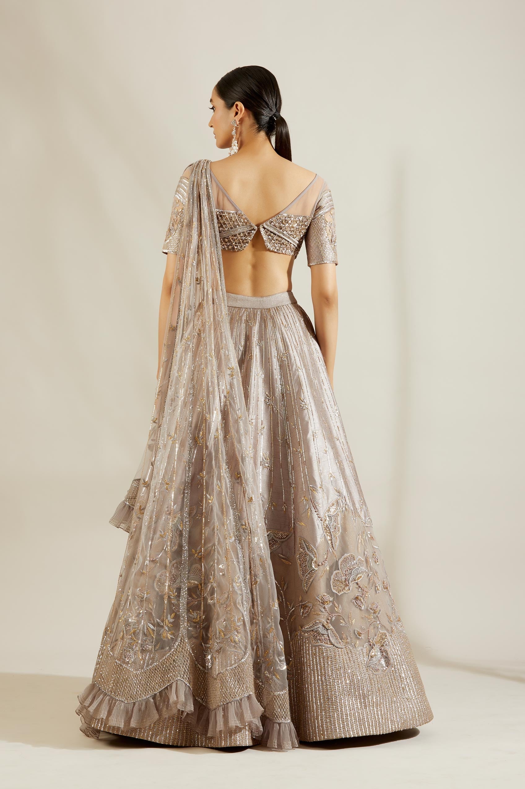 Abalone Grey Gold Floral  Lehenga