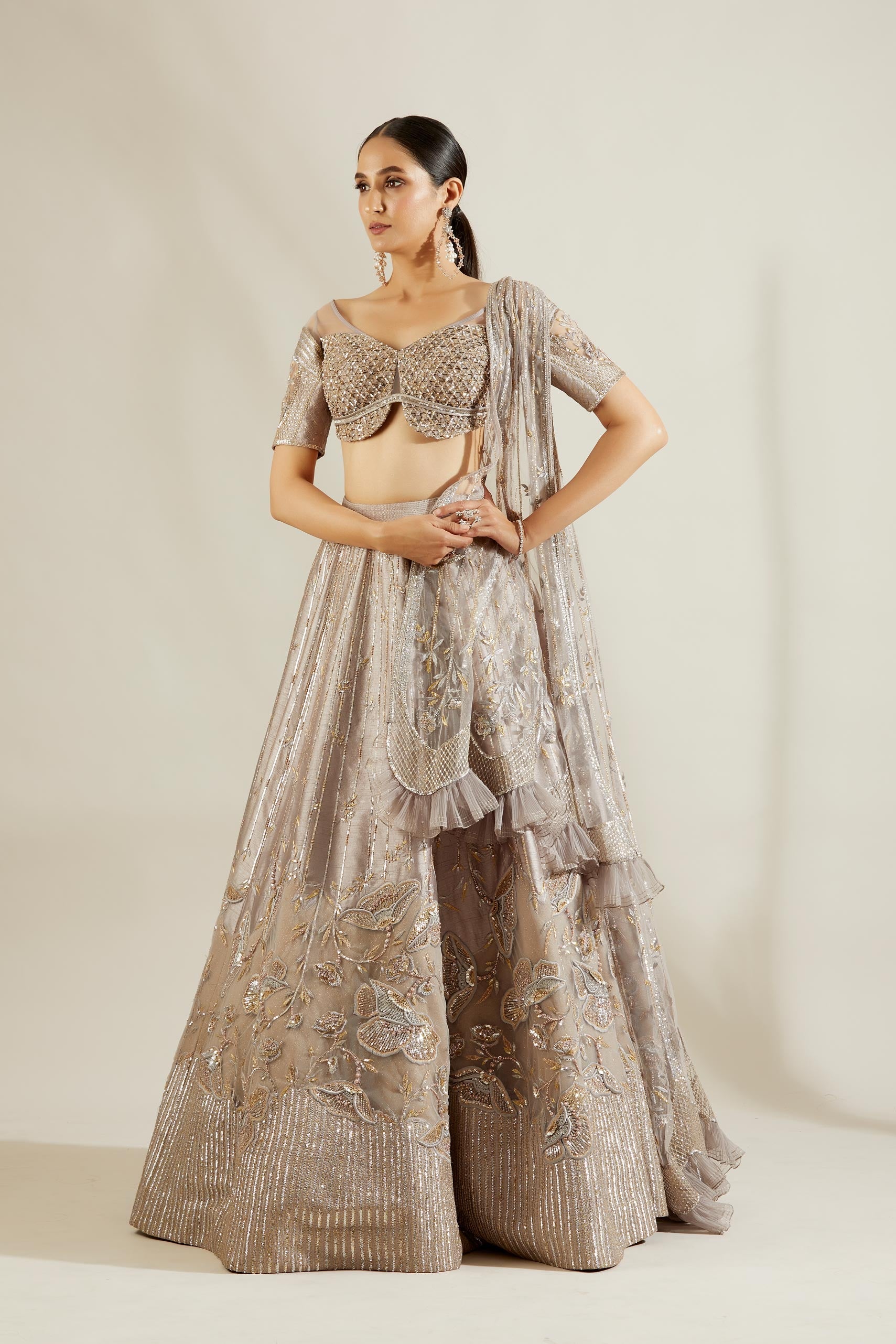 Abalone Grey Gold Floral  Lehenga