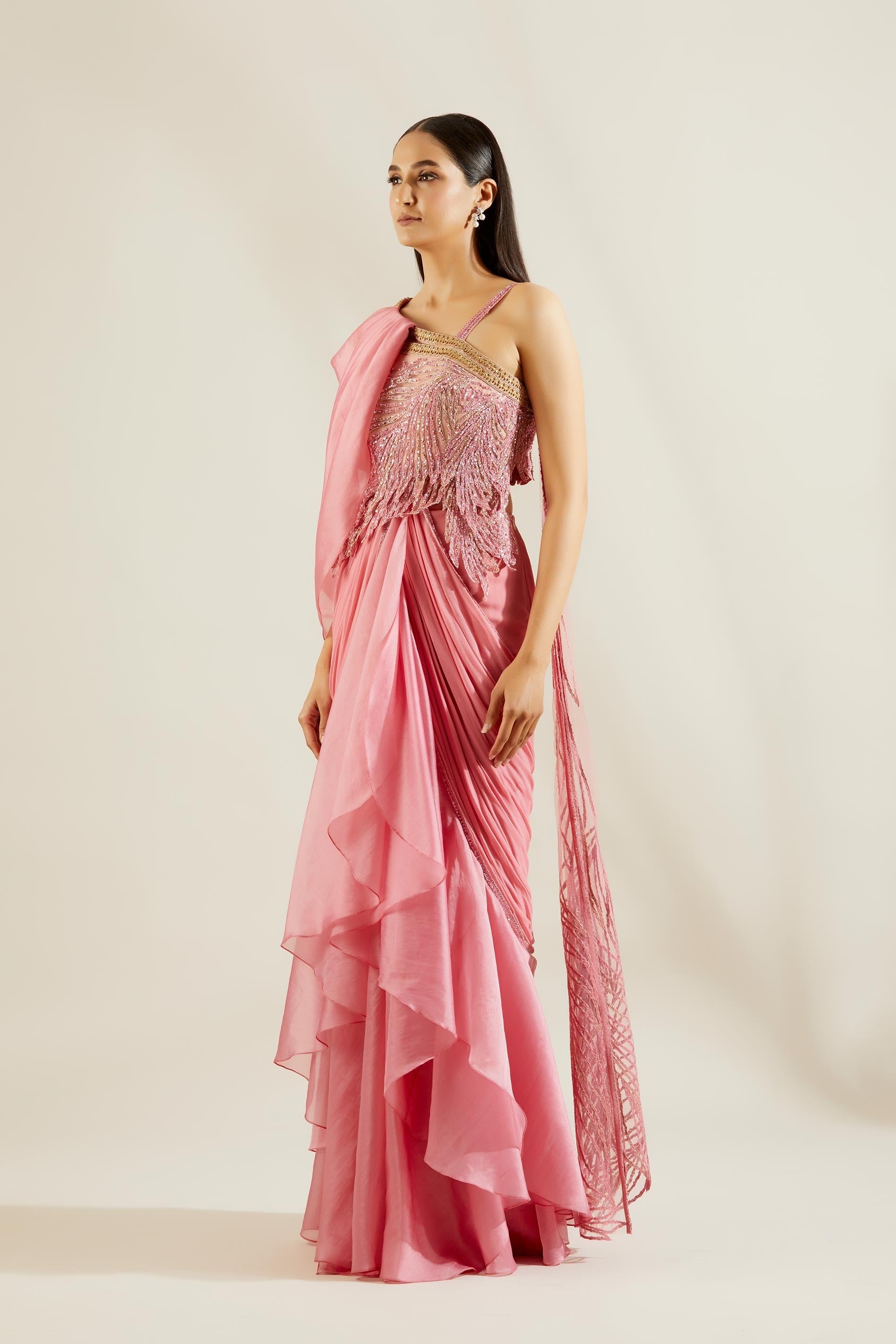 Pink Leaf Embellished Saree