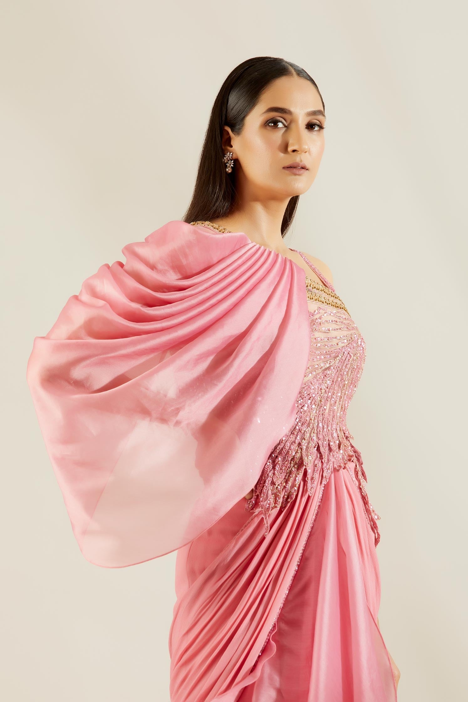 Pink Leaf Embellished Saree