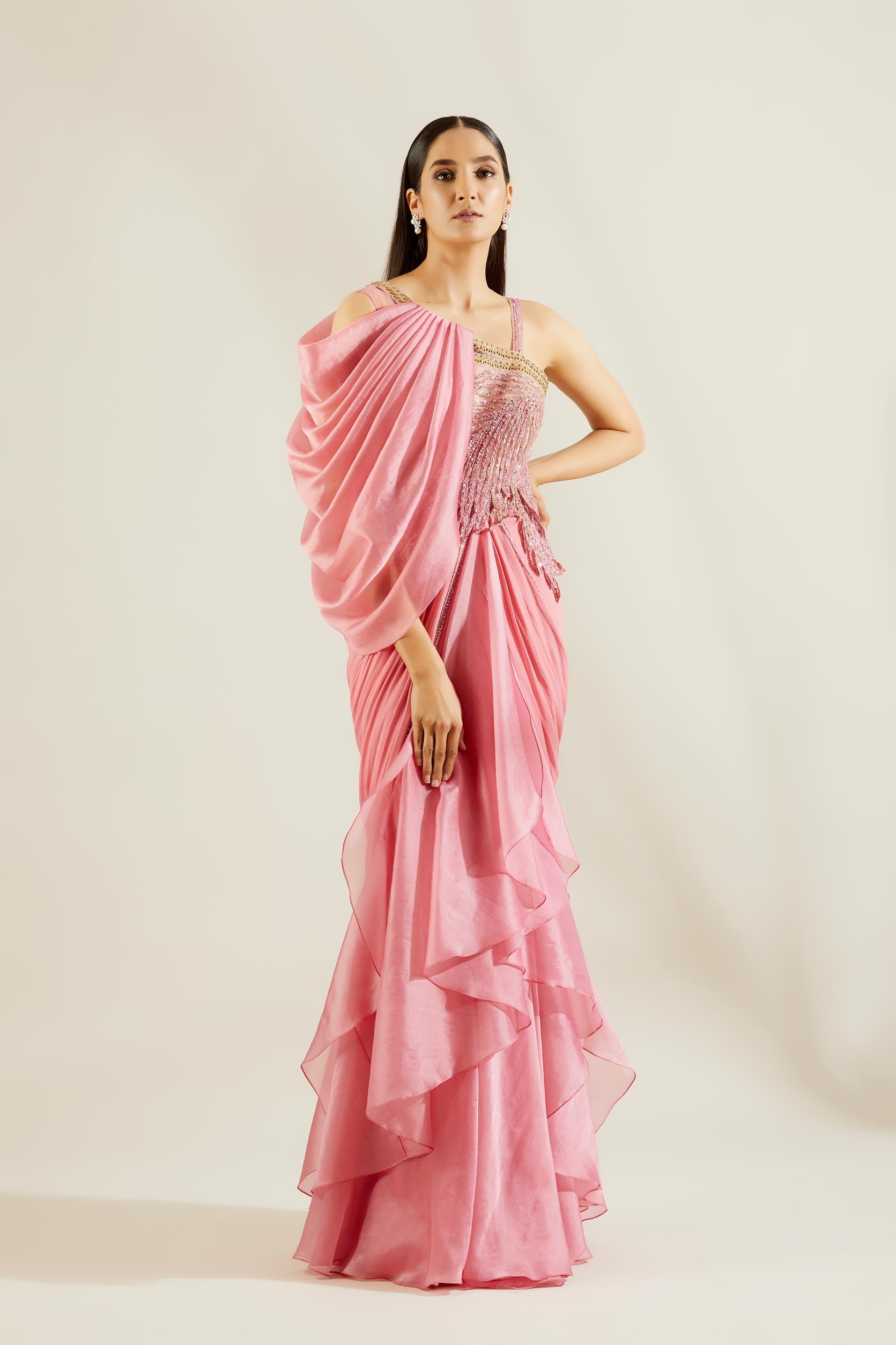 Pink Leaf Embellished Saree