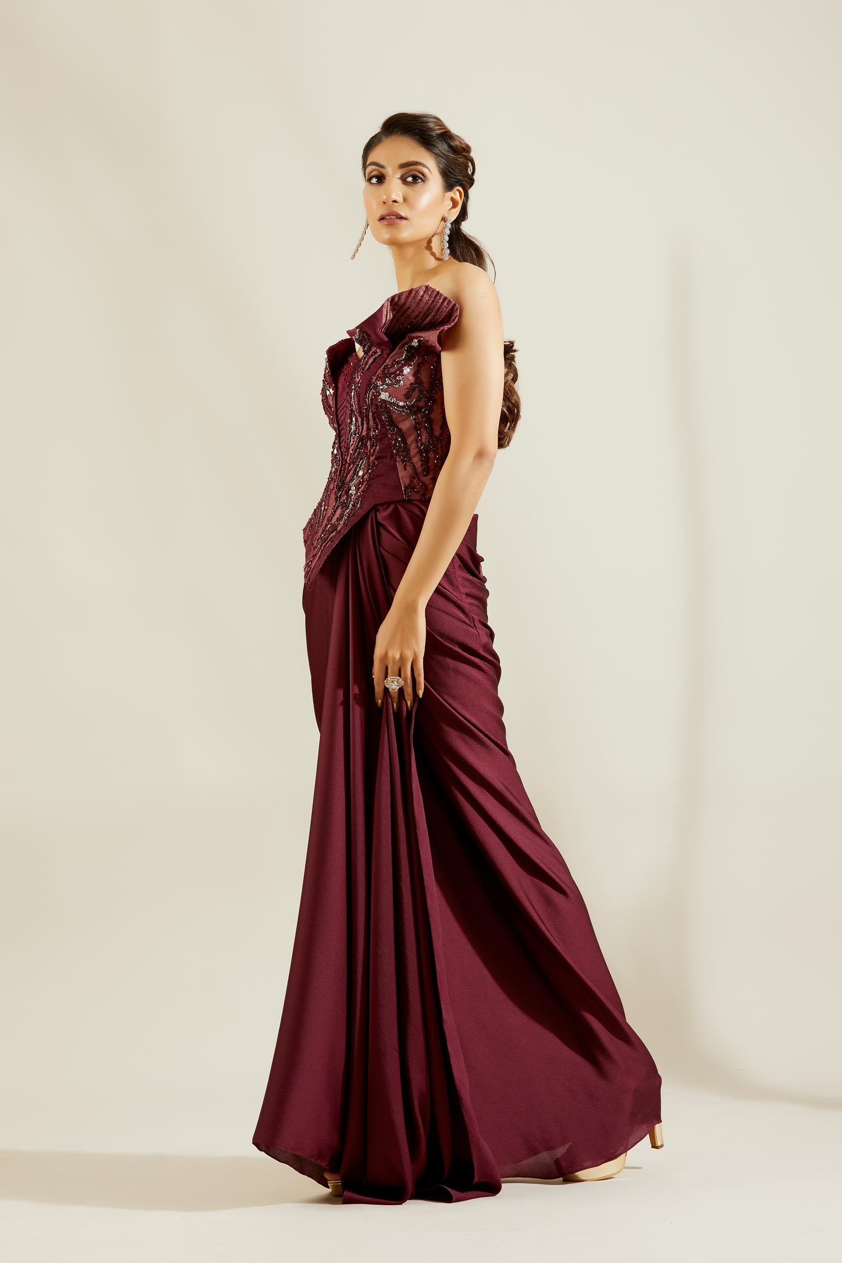 Sculpted Wine Corset Saree