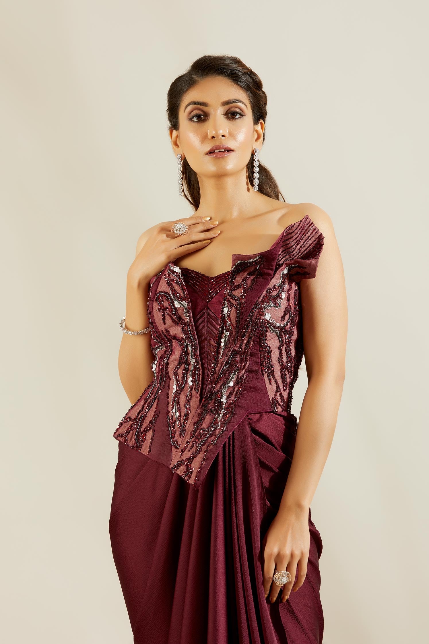 Sculpted Wine Corset Saree