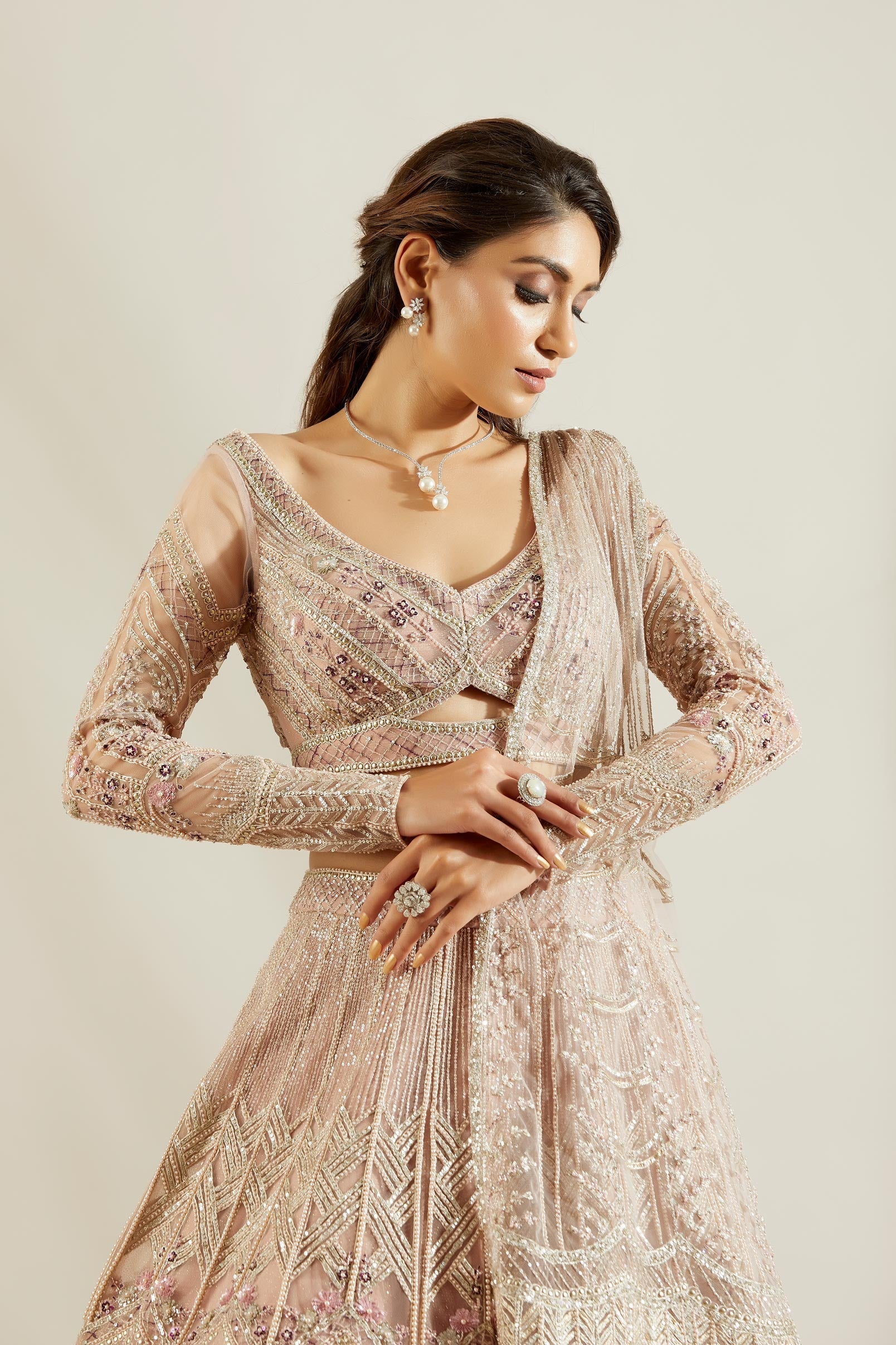 Silver Mauvish Glass Lehenga