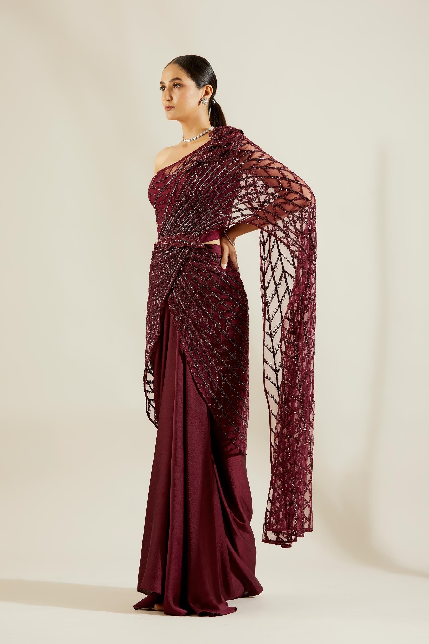 Wine Heavy Crystal Drape Saree