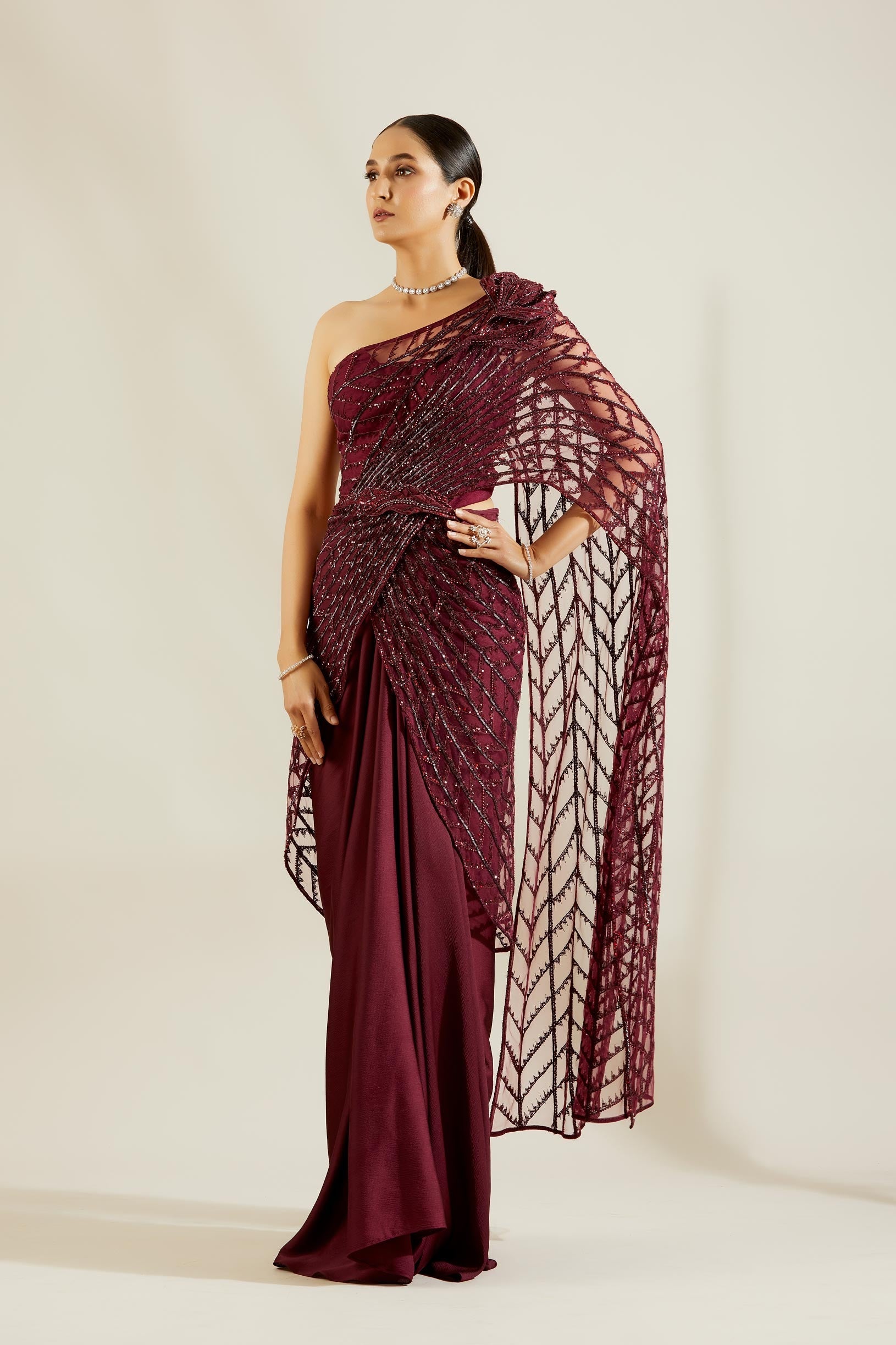 Wine Heavy Crystal Drape Saree